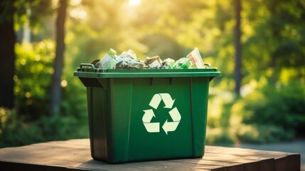 A green recycling bin filled with assorted recyclables, located in a sunny park, highlighting environmental responsibility. - obrazy, fototapety, plakaty