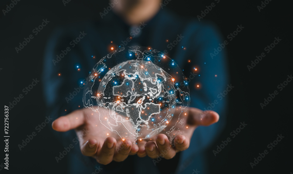 Poster Businessman holding Global network connection. Big data analytics and business intelligence concept. World map point and line composition concept of global business.Digital link tech.
