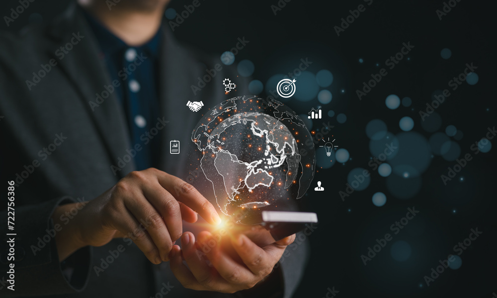 Aufkleber Businessman using mobile smart phone. Business global internet connection application technology and digital marketing, Financial and banking, Digital link tech, big data..