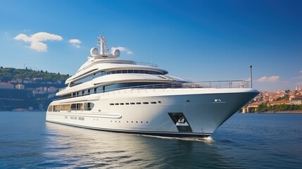 A modern, white cruise ship near the pier, side view. Travel and vacation
