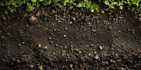 Rich garden soil with young green plants, suitable for backgrounds and gardening concepts.