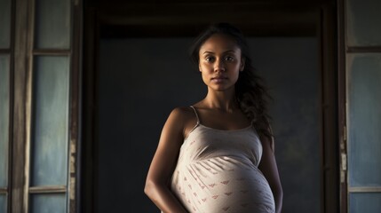 Fototapeta premium A contemplative pregnant woman stands by a window with soft lighting, reflecting on motherhood and the future.