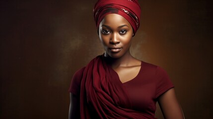A striking portrait of a woman wearing a traditional red headwrap and attire, showcasing cultural beauty and elegance.