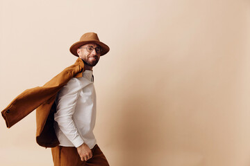 Young man adult model portrait stylish guy man hat person beard fashionable face style background