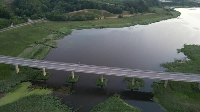 Drone shot of Legindvejlebroen, a very nice valley bridge - located close to Jesperhus Blomsterpark on Mors. The bridge is also an extension of the Sallingsund bridge.