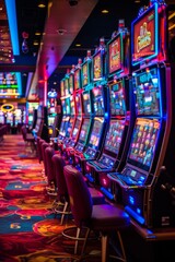 Rows of colorful neon light slot machines, casino hall