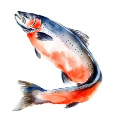 red salmon fish watercolor paint on white
