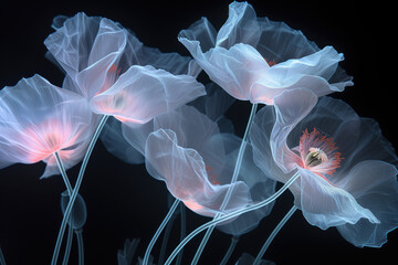 Photogram of light-color poppy flowers. Background image. Created with Generative AI technology