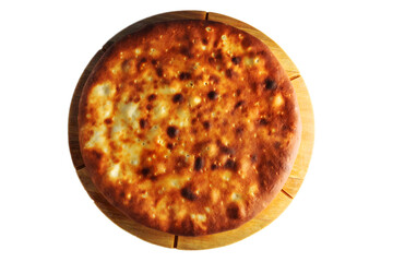 Golden Pie on Wooden Board isolated on a white background
