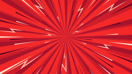 Red pop art retro background with rays, halftone and motion trails. Vintage red comic style wallpaper. Sunburst background.