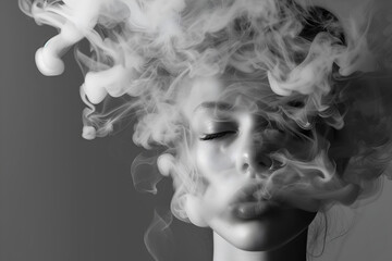 Fashion surreal Concept. Woman surround dissolve in shadow background of swirling smoke clouds fog. illuminated with dynamic composition and dramatic lighting. copy text space