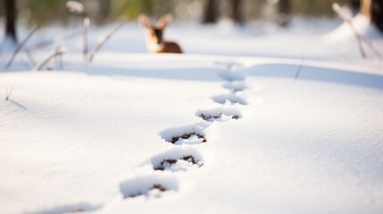 Rabbit tracks in the snow in winter forest, shallow depth of field