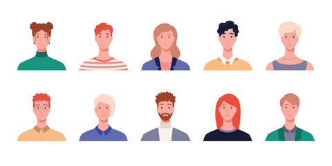 Collection of a portraits of men and women, front view. Modern flat vector illustration isolated on white background