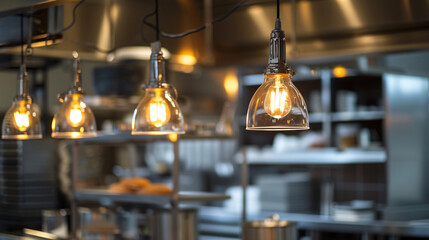 Pendant lights hanging on counter in commercial