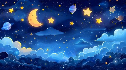 Enchanted Night Sky with Cartoon Moon and Planets