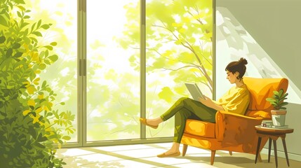 Woman Relaxing with a Tablet by a Sunny Window