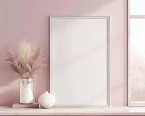 big white poster mockup in a minialistic frame handing on a pink wall