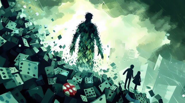 Surreal Cityscape with Giant Figure and Dice Tsunami Depicting Gambing Addiction