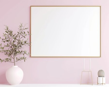 big white poster mockup in a minialistic frame handing on a pink wall © Salander Studio