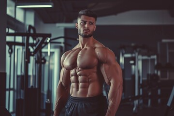 Fototapeta na wymiar Male fitness model showcasing muscles with a gym background