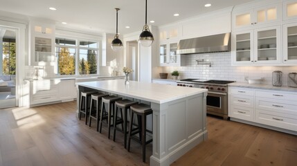 Beautiful Kitchen in New Luxury Home with Large Island, Hardwood Floors, Range Hood, and Glass Fronted Cabinets, Horizontal Orientation; Lights are off