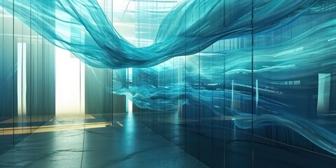 Continuous data stream room through translucent materials, within the realm innovation, to harness and visualize information with a blend of cutting-edge technology and aesthetic finesse.