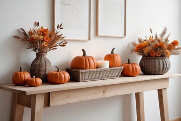 Cozy autumn home interior various decorative wicker pumpkins, candles, seasonal flowers in vase on the wooden console with white wall background