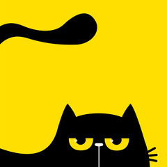 Cat head face silhouette, tail. Black peeking kitten face head. Yellow angry eyes. Cute cartoon kawaii character. Funny pet animal. Greeting card. Sticker print. Flat design. Yellow background.
