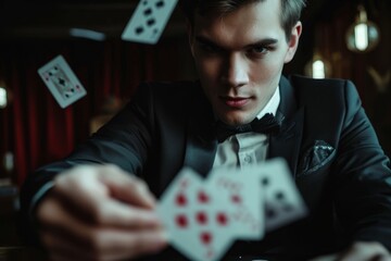Male model in a close-up, perfecting a complex magic trick with cards - obrazy, fototapety, plakaty