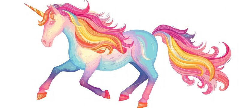 An illustration of a colorful unicorn horse fantasy in white background. Generated AI image