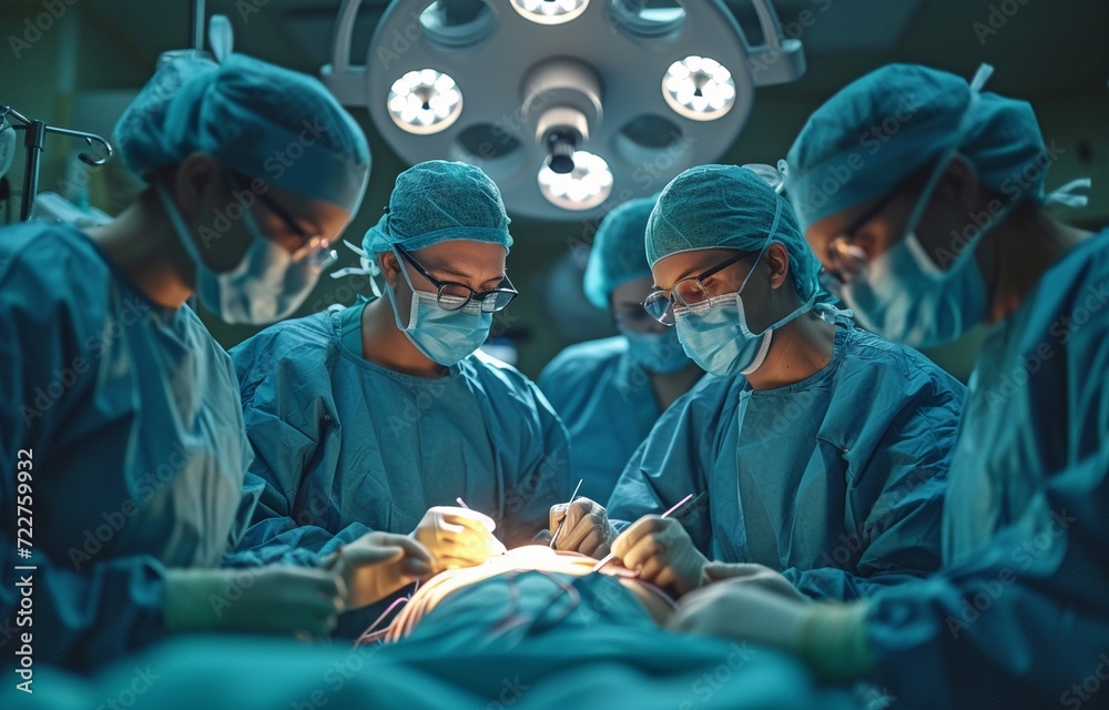 Wall mural In a hospital operating room, team doctors employ medical equipment. A physician surgeon is holding a laparoscopic instrument in the patient's abdomen.