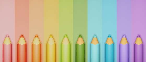 3D illustration of a set of colored pencils isolated on colorful background