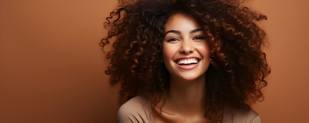 Beautiful Exotic Dark Skinned Woman with Curly Hair and Copy Space Background