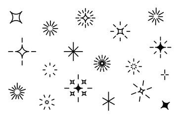 Stars Sparkles sign symbol icon set. Decoration twinkle element. Cute shape collection. Black star twinkling shining effect. Line contour doodle. Flat design. White background. Isolated.