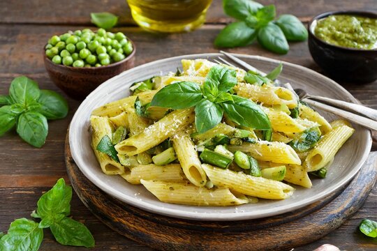 Penne pasta with pesto sauce, zucchini, green peas and basil. Italian food.