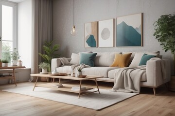 living room interior with comfortable sofa and elegant table