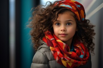 Little girl with curly hair and a colorful scarf on her head.