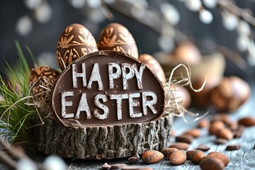 Background with Happy Easter title, chocolate eggs theme - obrazy, fototapety, plakaty