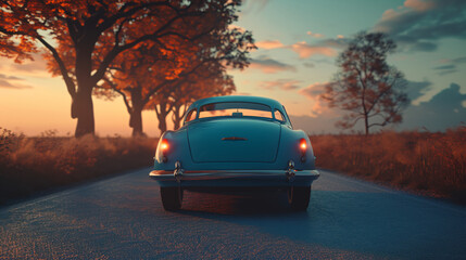 Fototapeta na wymiar A blue car on the road at sunset