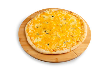 Cheese pizza 4 cheeses on a wooden board, isolated.