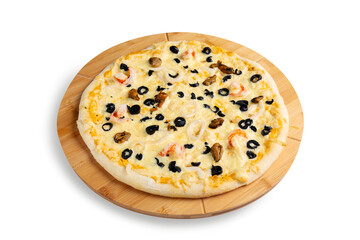 Pizza with squid, shrimp and mussels on a wooden board, isolated.