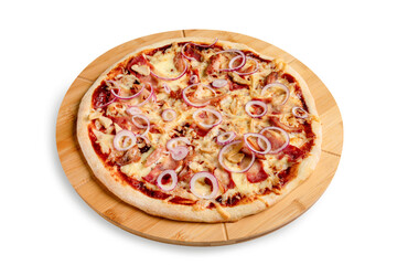 Meat pizza with barbecue sauce on a wooden board, isolated.