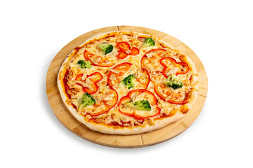 Vegetable pizza with tomato, broccoli on a wooden board, isolated.