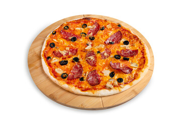 Pizza with sausage, mushrooms, tomato and olives on a wooden board, isolated.