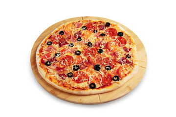 Pizza with meat, sausage, bacon, tomato and olives on a wooden board, isolated.