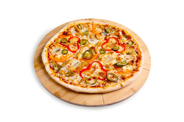 Mexican pizza with peppers, mushrooms and jalapenos on a wooden board, isolated.