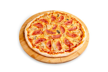 Pizza with ham, mushrooms and cheese on a wooden board, isolated.