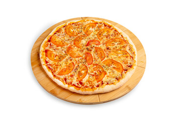Pizza Margherita with cheese and tomato on a wooden board, isolated.