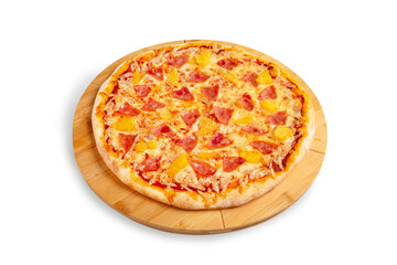 Hawaiian pizza with ham, cheese and pineapple on a wooden board, isolated.