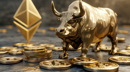 Bullish divergent concept gold bull and bitcoins